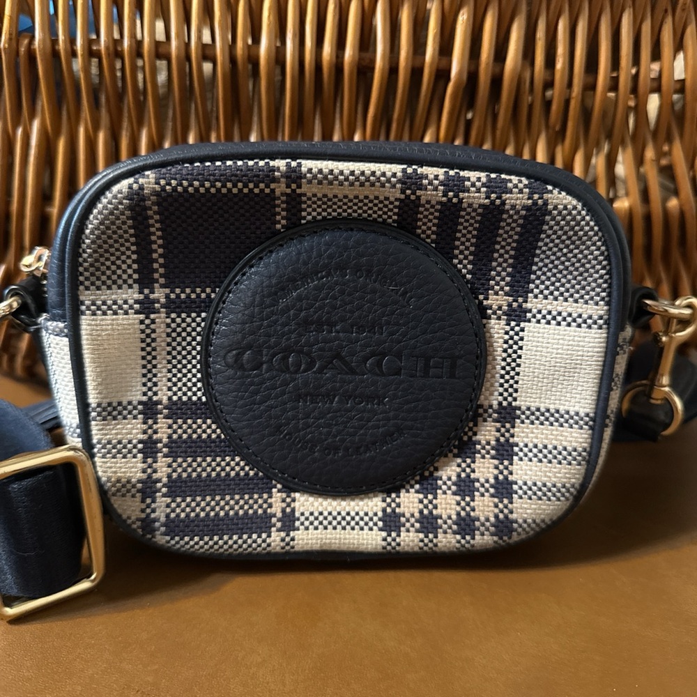 Coach Blue and Cream Crossbody Camara  Bag with Plaid Design